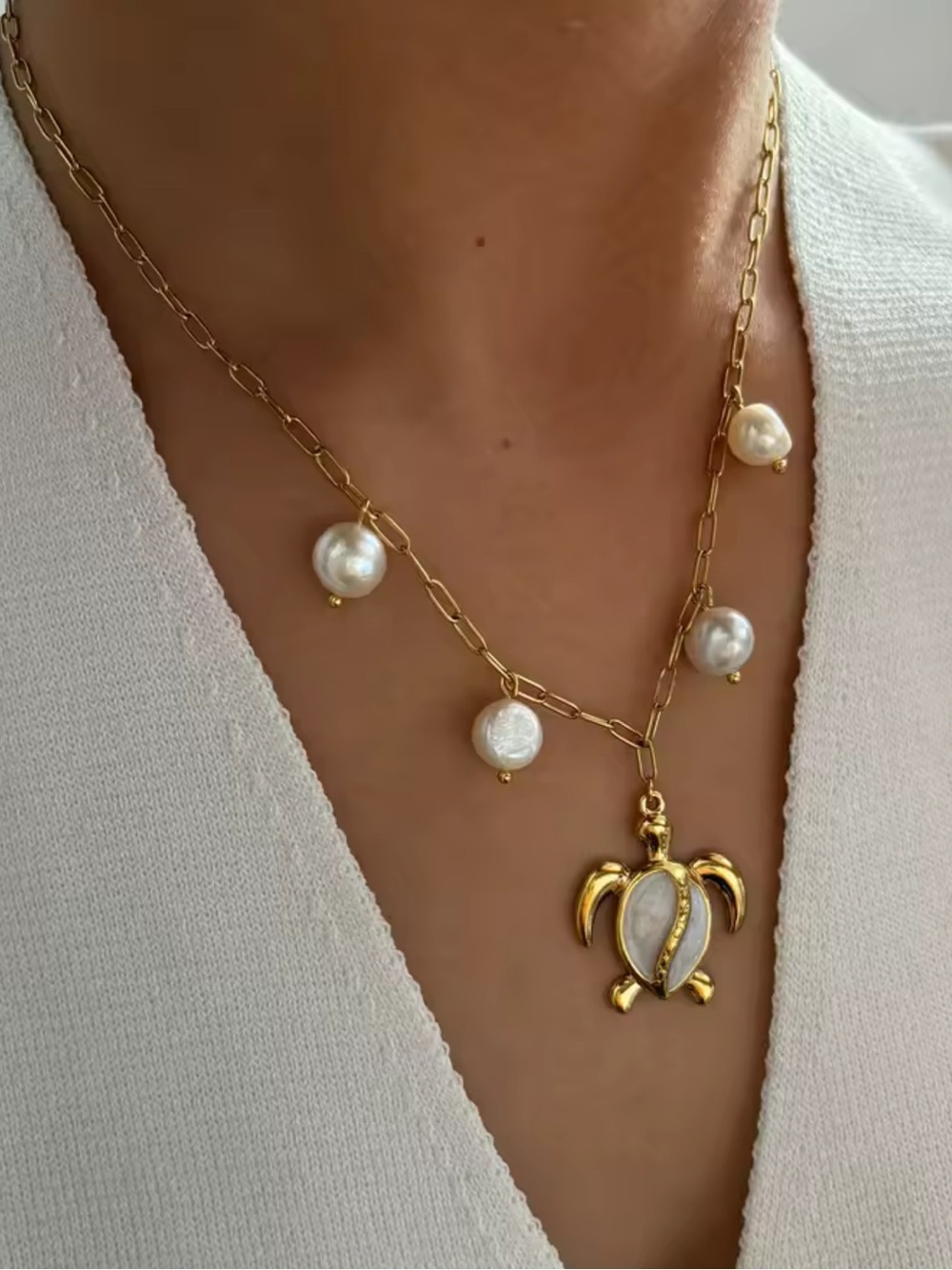 Pearl Turtle Gold Chain Necklace